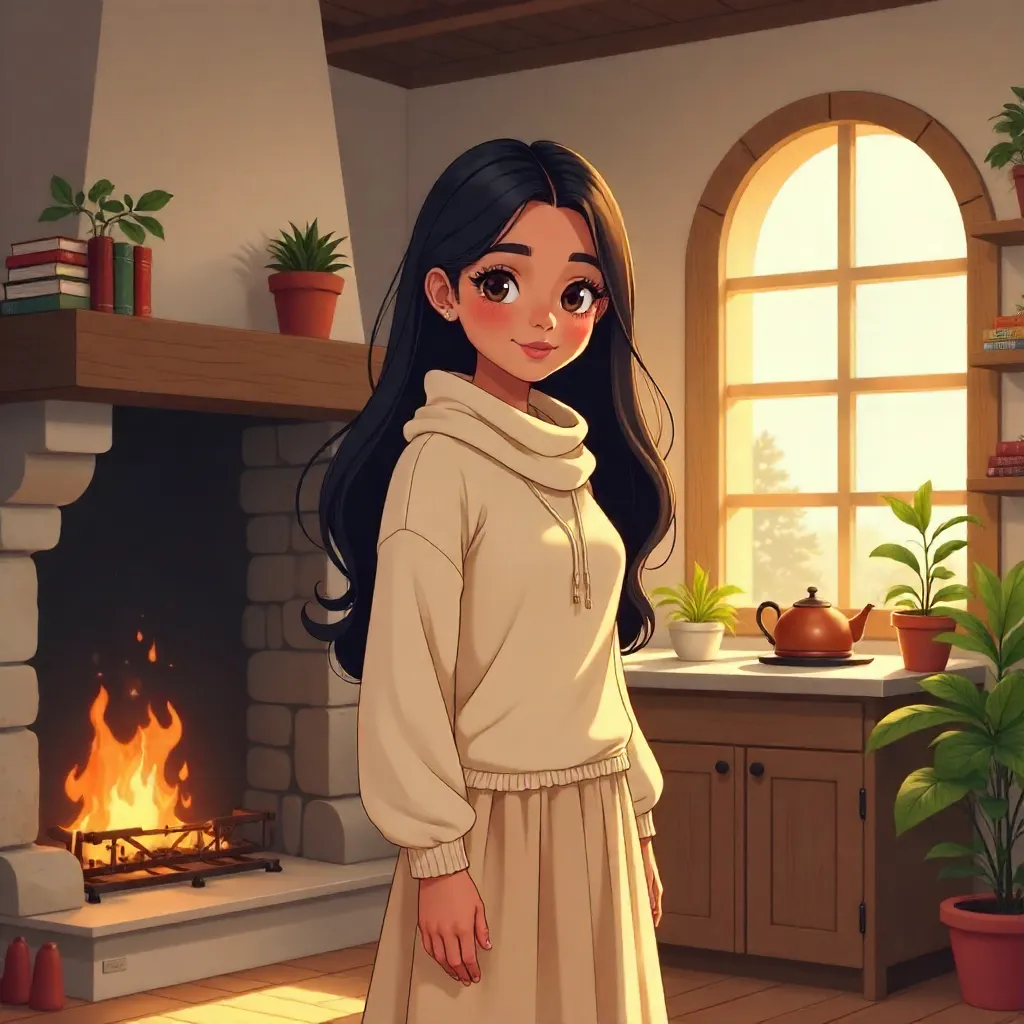 Anime-Style Cozy Cottage Portrait of a Middle Eastern Woman
