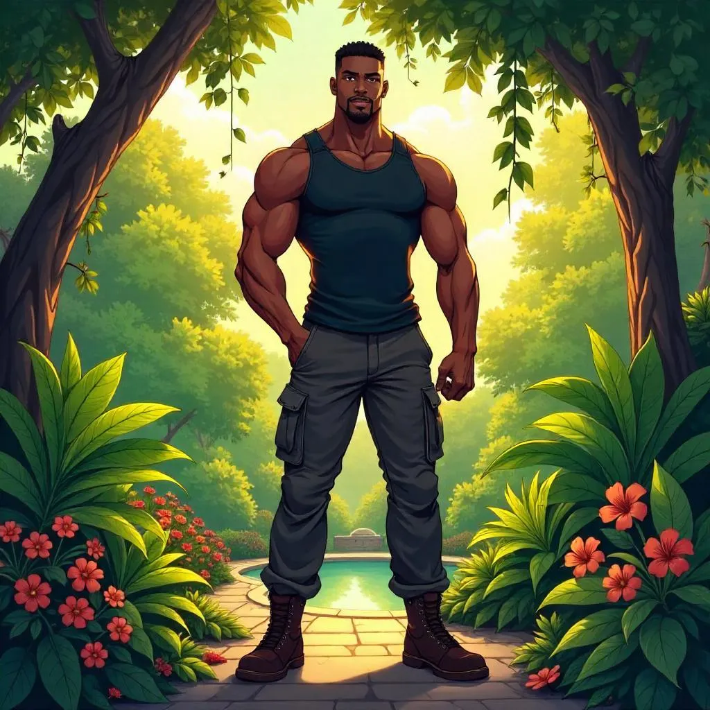 Anime Hero: Strong Black Man in a Lush Garden