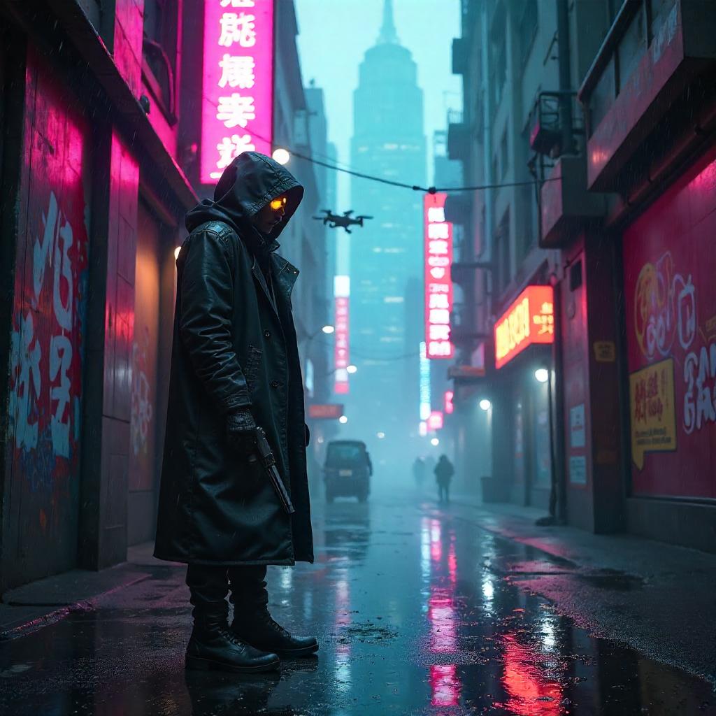 Mist-wreathed Rogue in Neon Cyberpunk Dawn