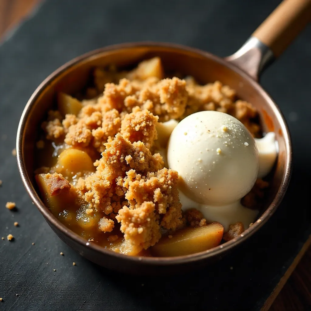 Top-Down Apple Crumble in Metal Dish with Vanilla Ice Cream