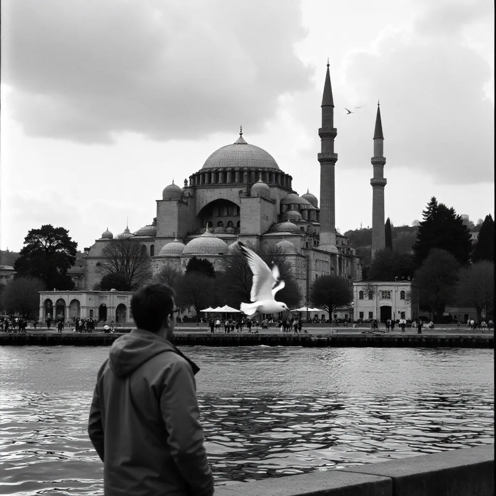 Seagull Release at Hagia Sophia — Black and White