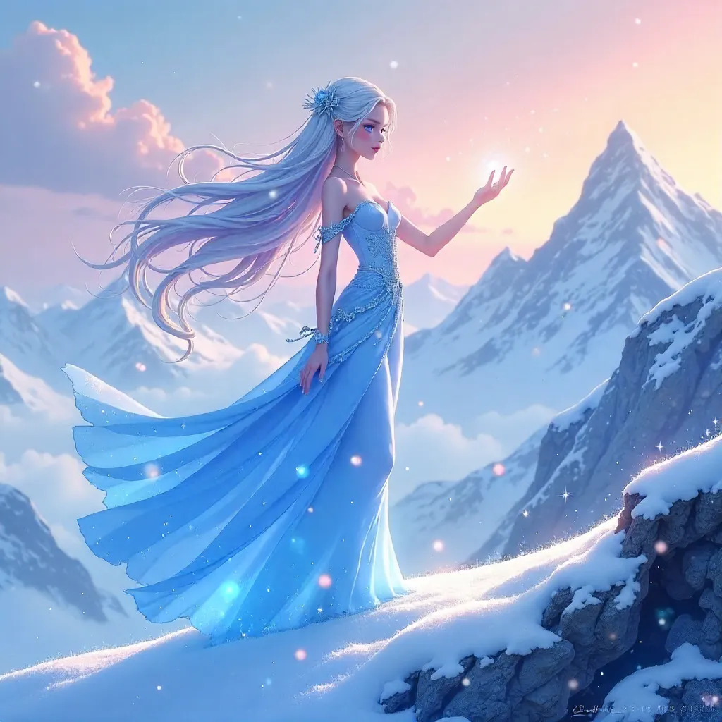 Nymph on a Snowy Summit in Anime Style