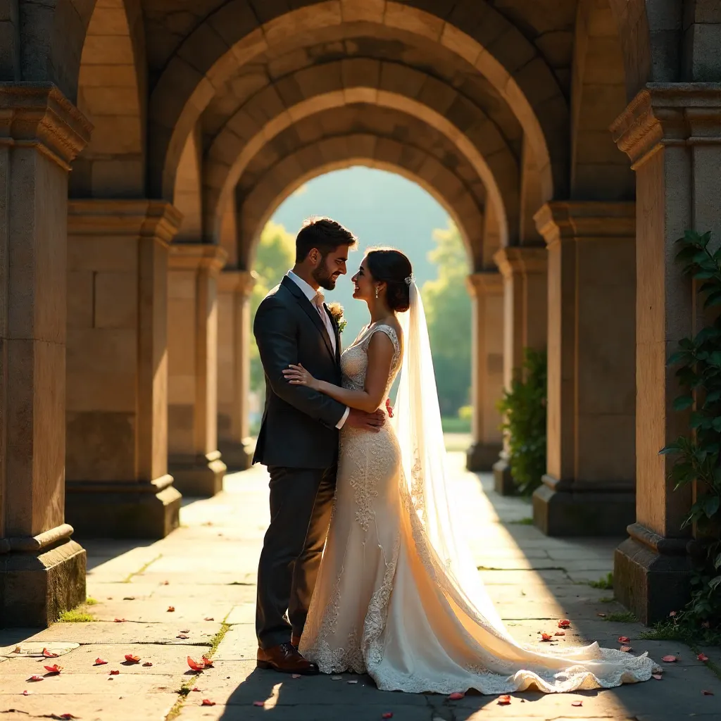 Embrace Beneath Ancient Stone Arches
