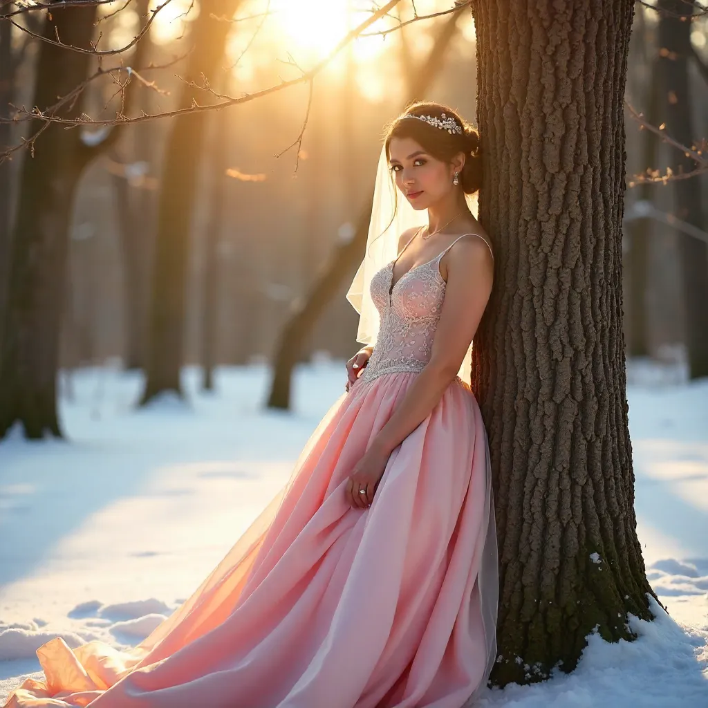 Winter Bride in a Pink Gown by the Sunlit Tree