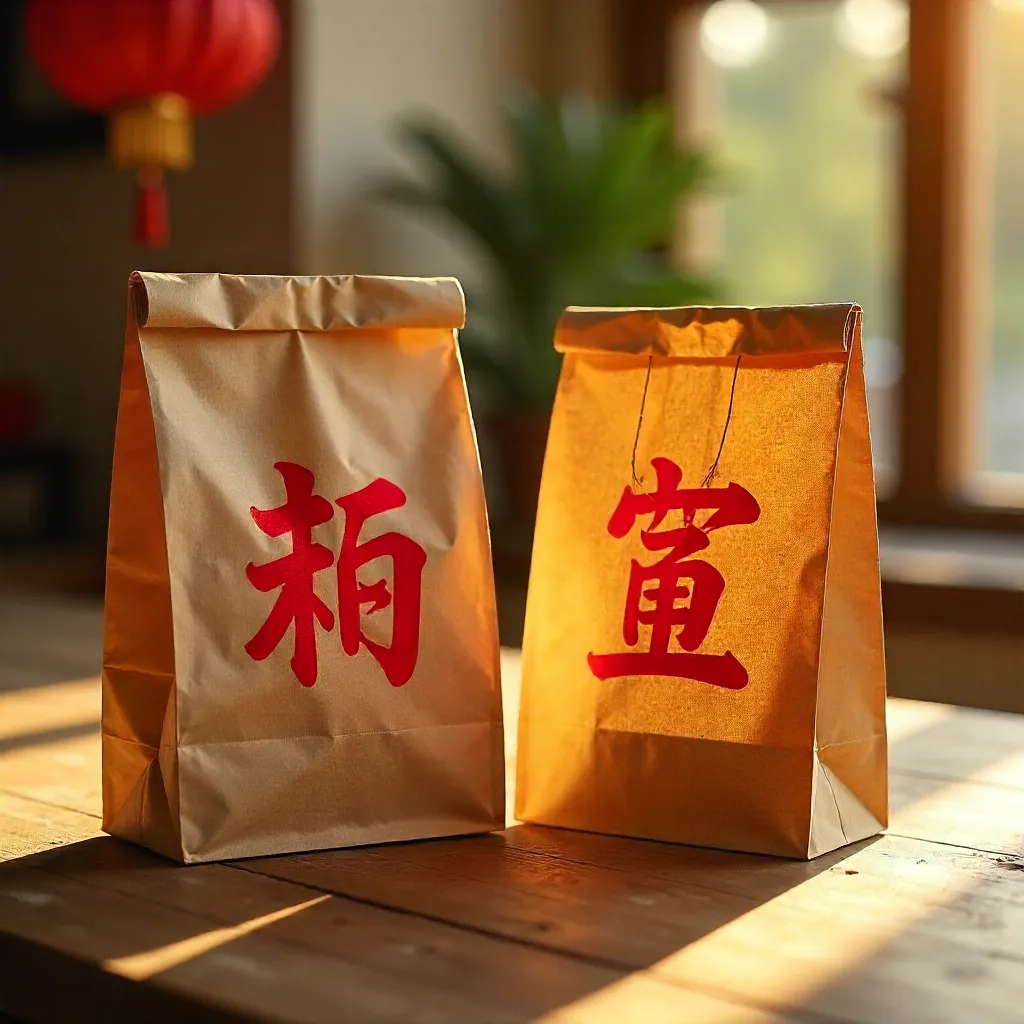 Sunlit Kraft Bags with Red Chinese New Year Symbols