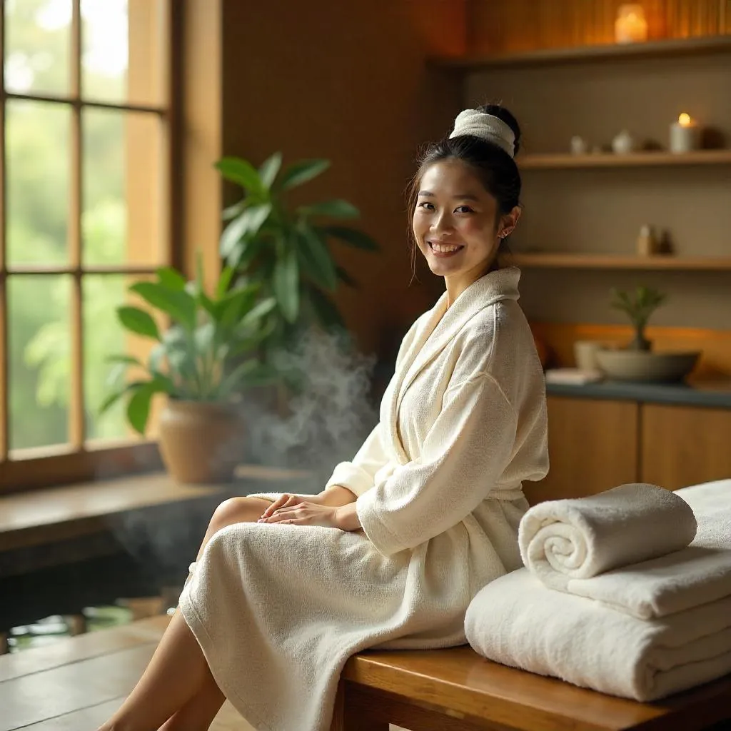 Cheerful Asian Woman in a Tranquil Spa