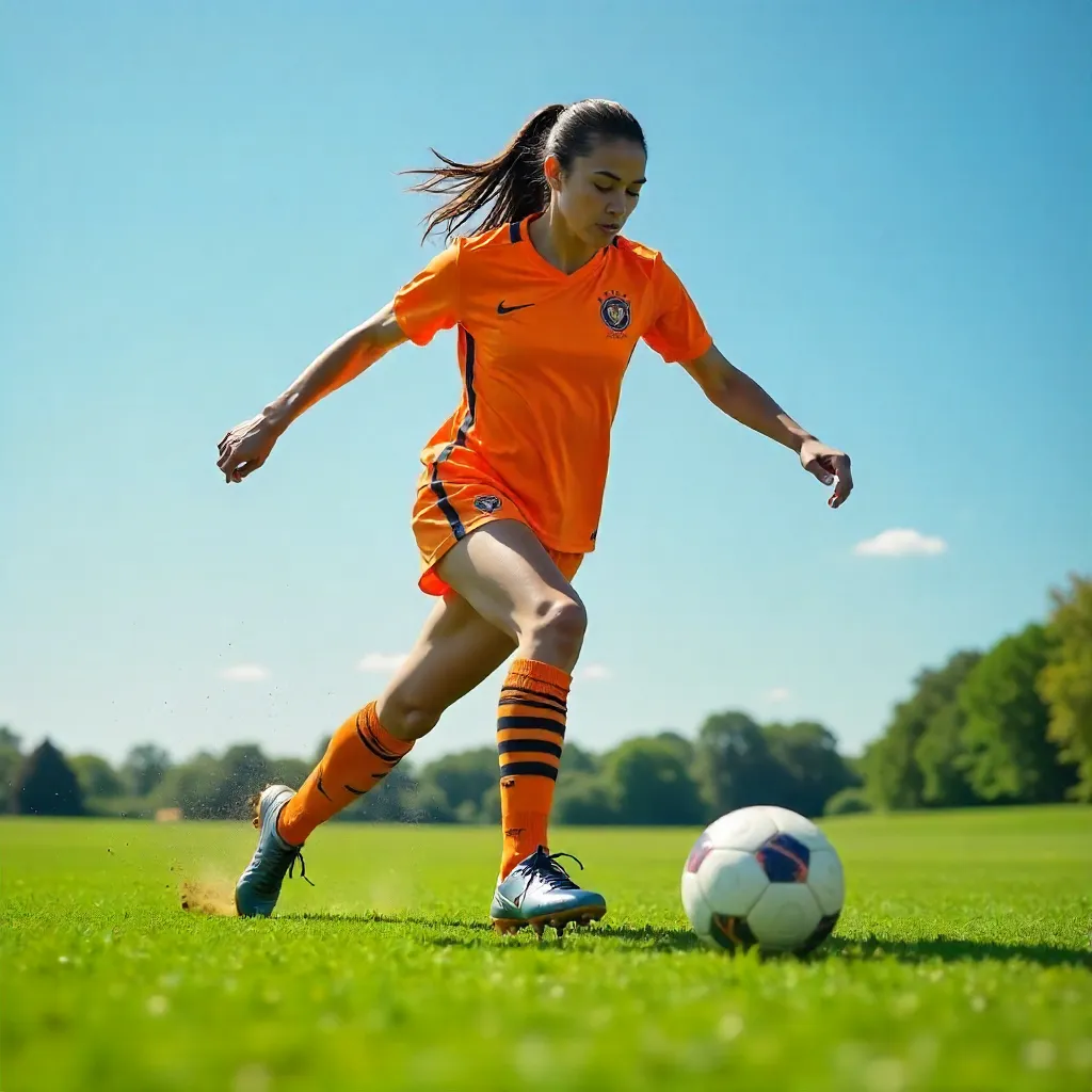 Energetic Female Soccer Player on a Grass Field