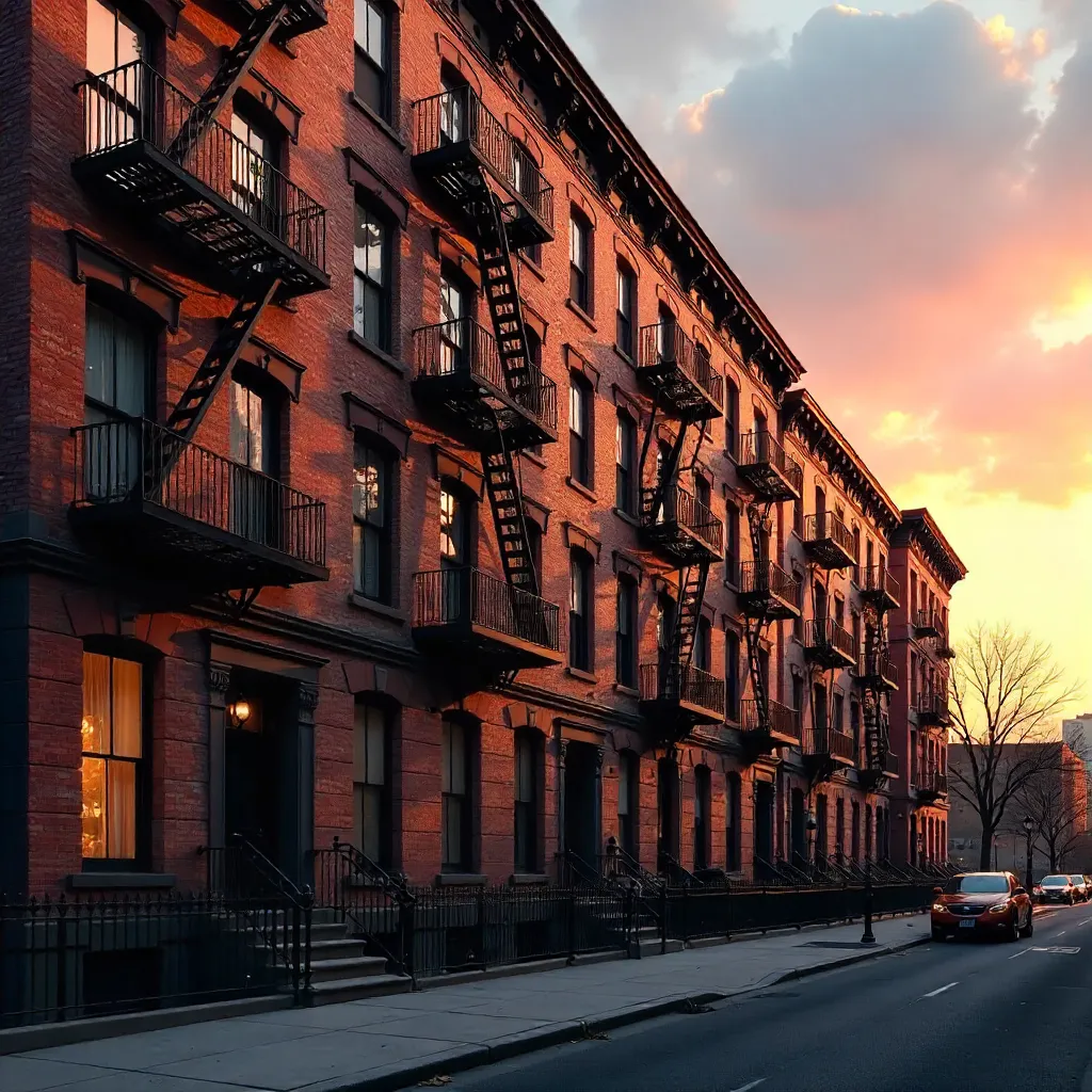 Elegant NYC Brick Apartments at Sunset with Fire Escapes