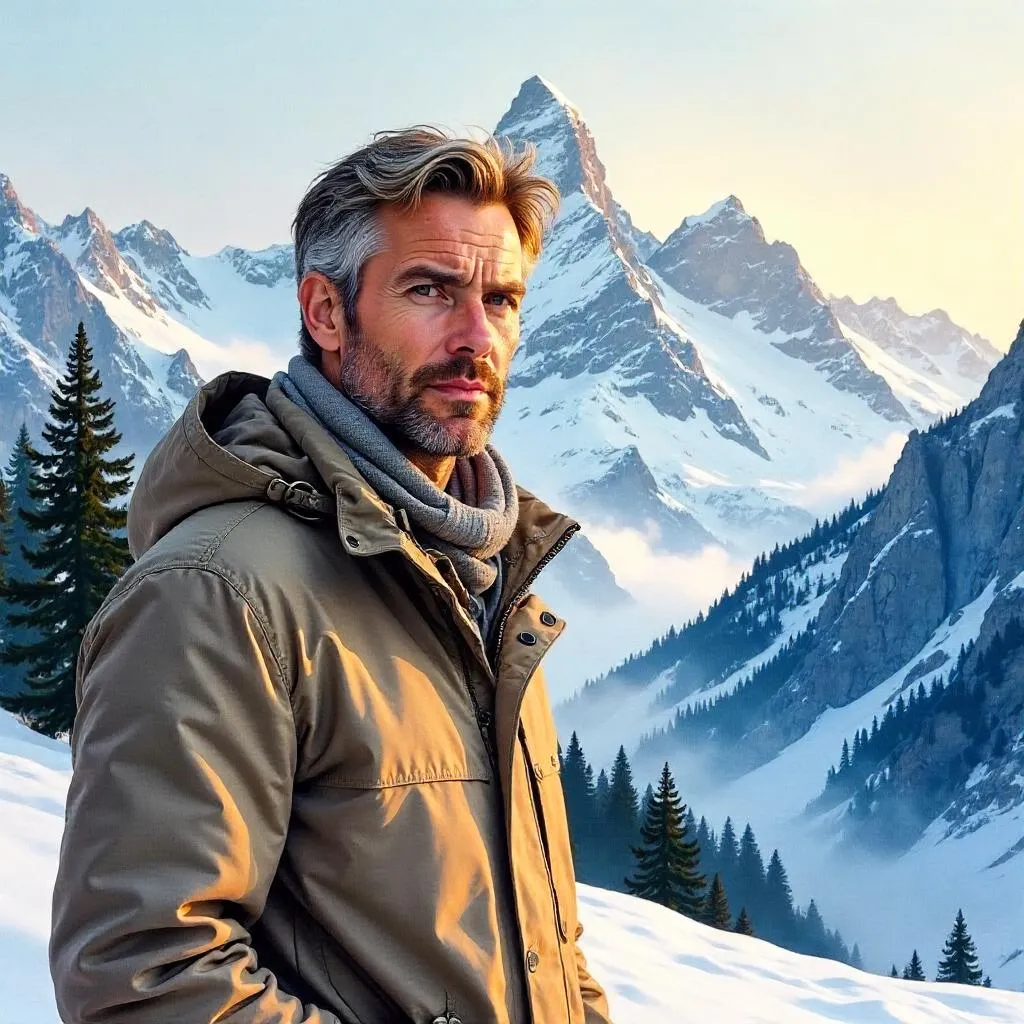 Watercolor Portrait of a Handsome Man in the Mountains