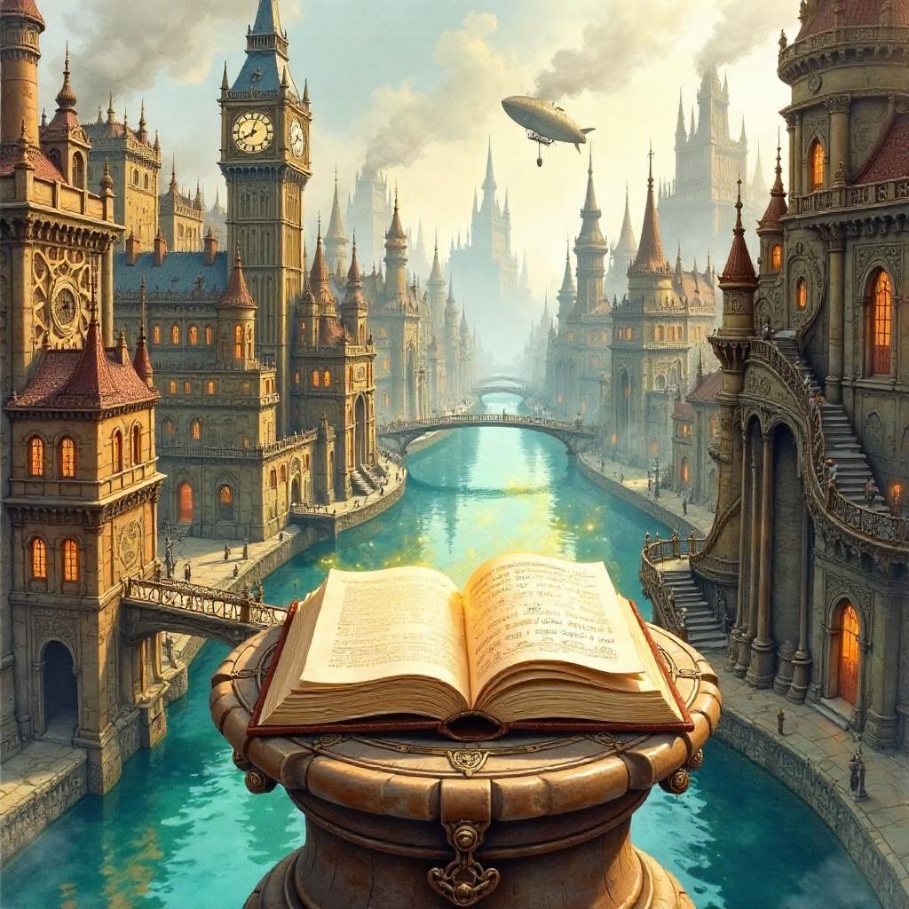 The Mystic Tome in a Clockwork City (Watercolor)