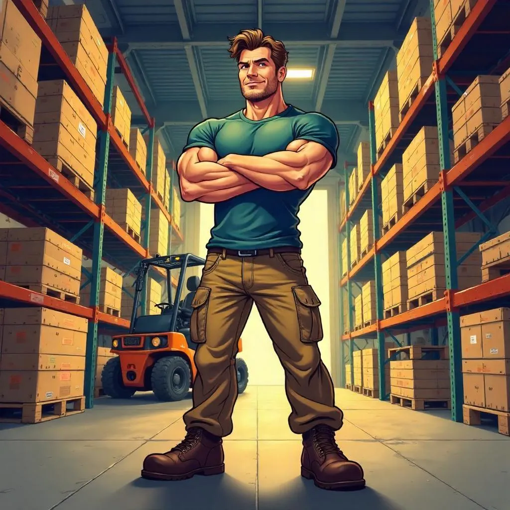 Cartoon Strongman in a Busy Warehouse