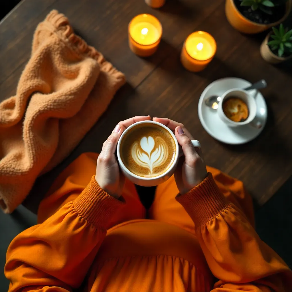 Overhead Cozy: Orange Dress and Coffee