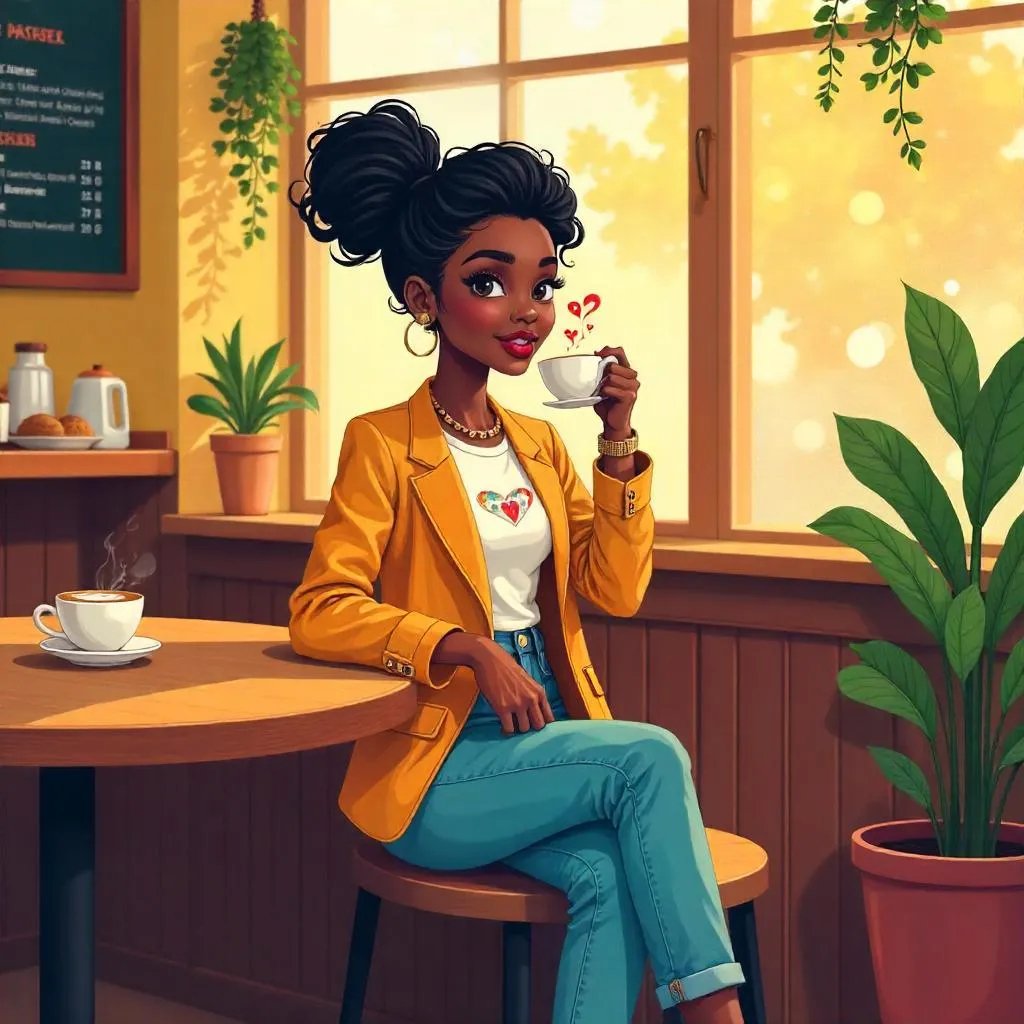 Cartoon Style: Stylish Black Girl in a Cozy Café