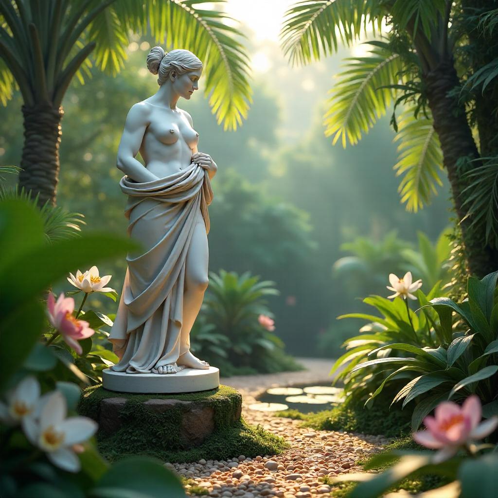 Classical Marble Statue in a Sunlit Botanical Garden (3D Render)