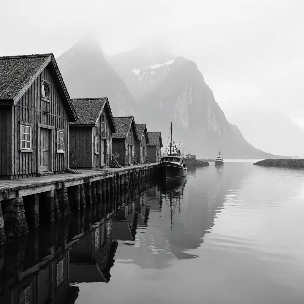 Monochrome Nordic Harbor: Rustic Houses and Mountains
