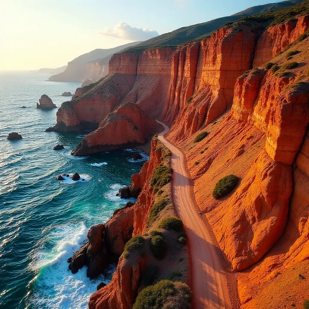 Aerial Winding Path Through Red Cliffs by the Sea