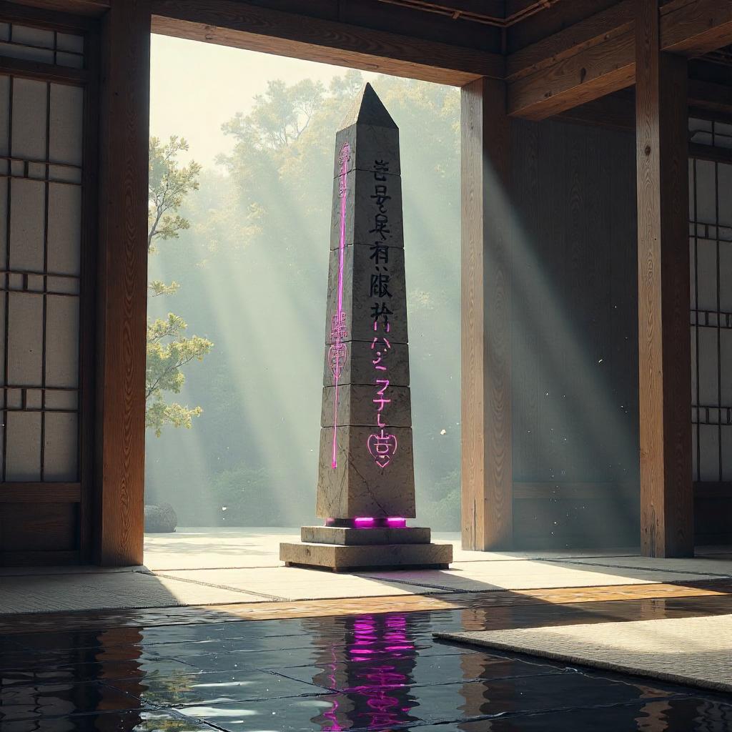 An Obelisk Rising in a Tranquil Zen Temple - Digital Art