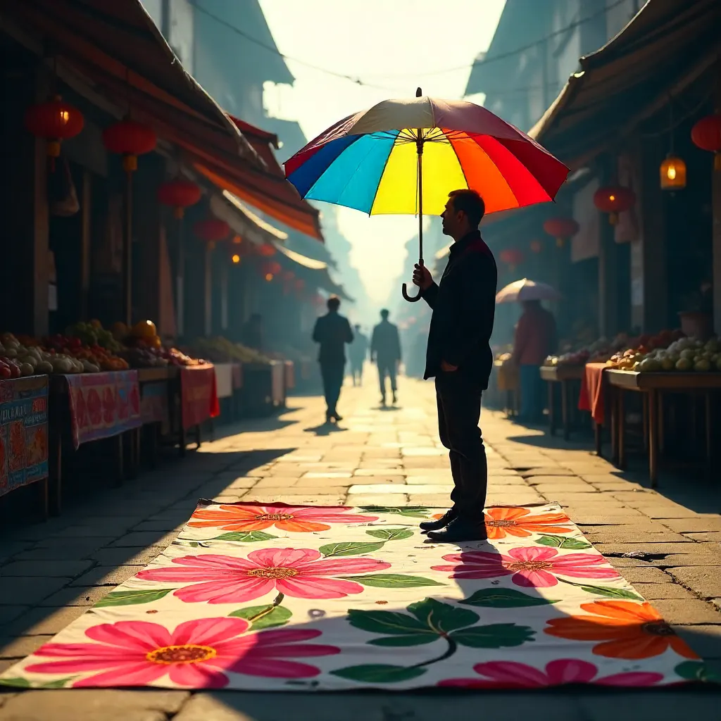 Silhouette under a Vivid Market Umbrella
