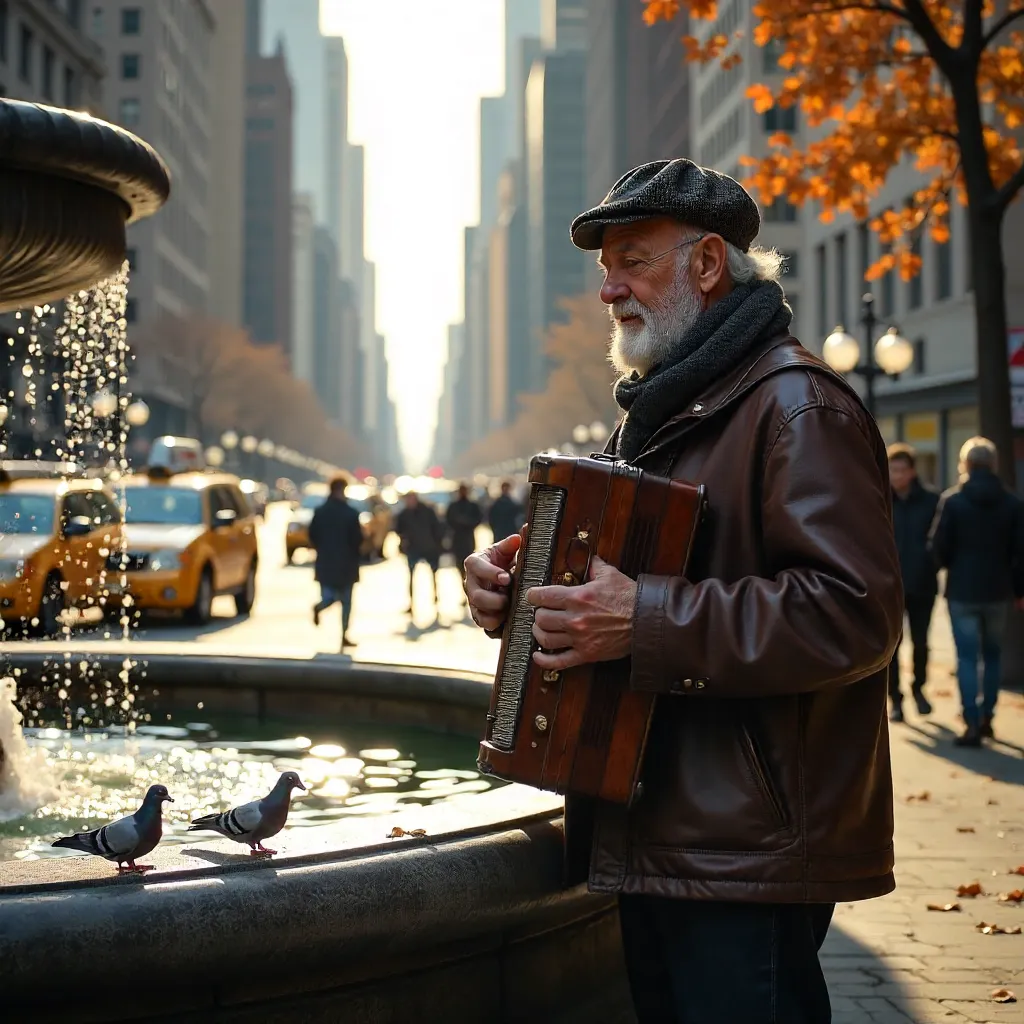 Senior Accordionist by a NYC Fountain