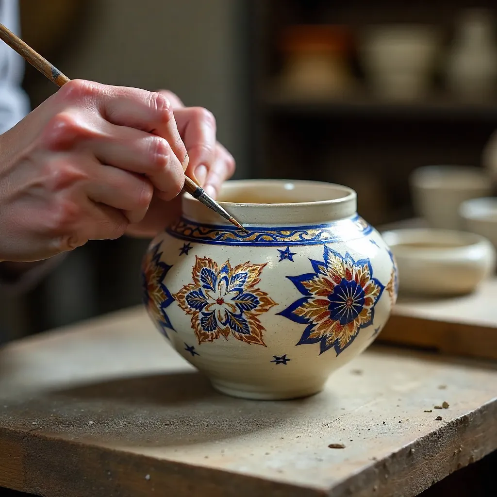 Close-Up Artisan Painting an Intricate Ceramic Pot