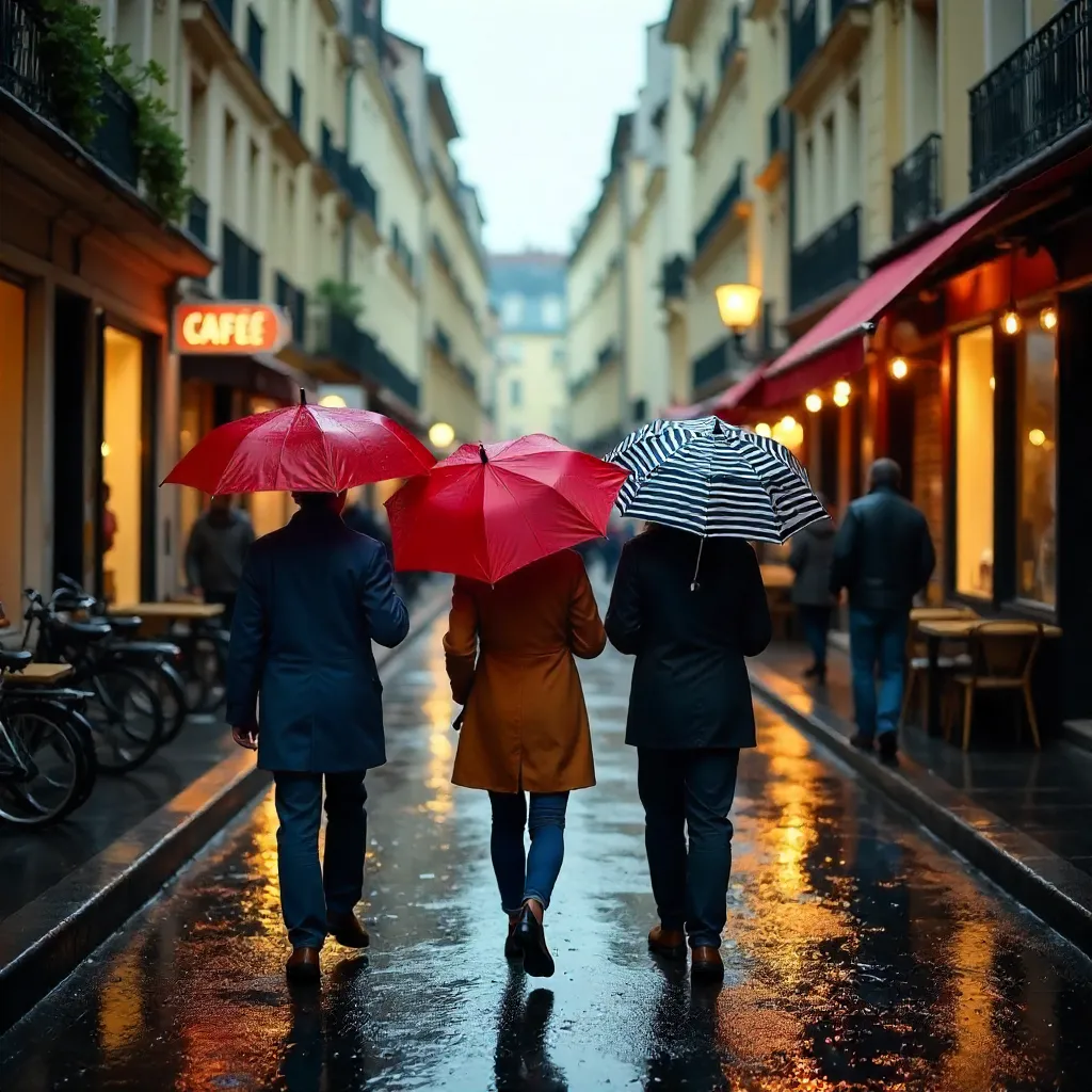 Three Umbrellas on a Rainy French Street
