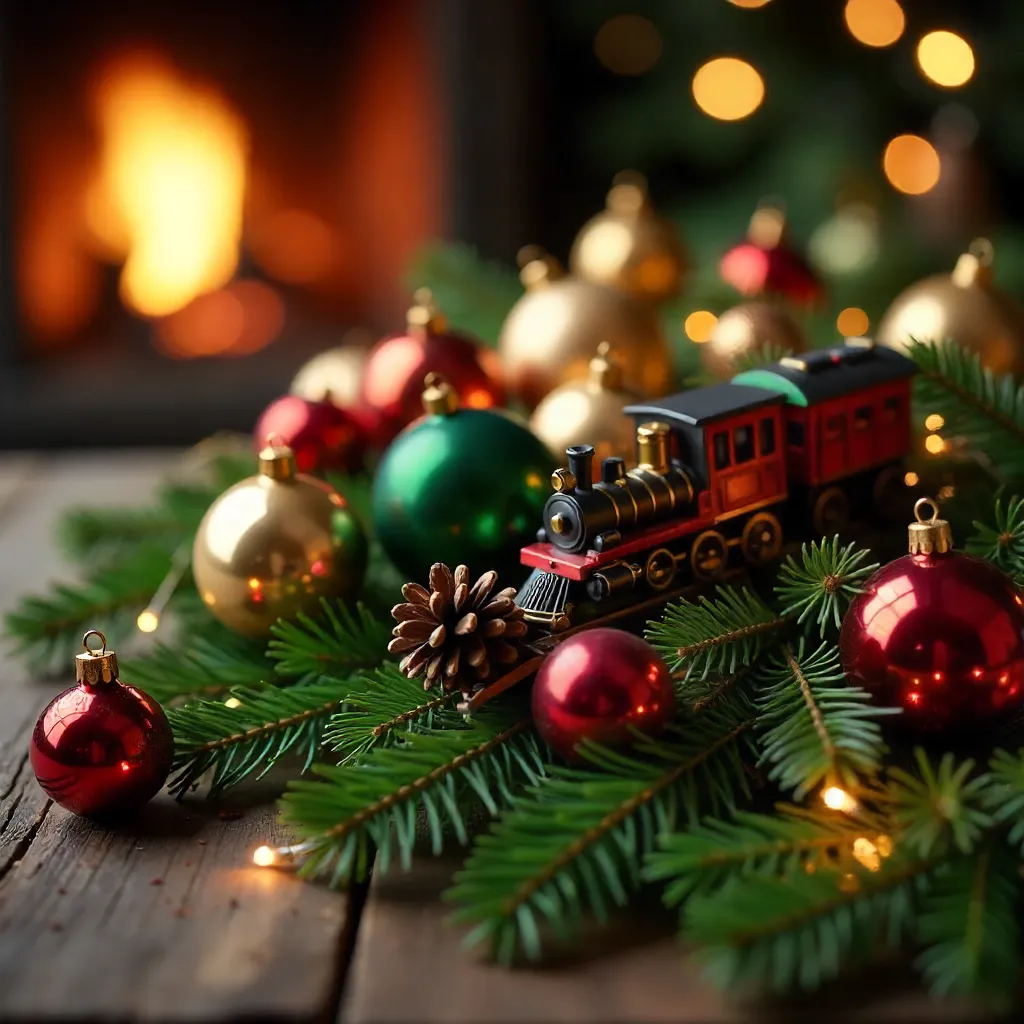 Festive Ornaments with Toy Train and Pine