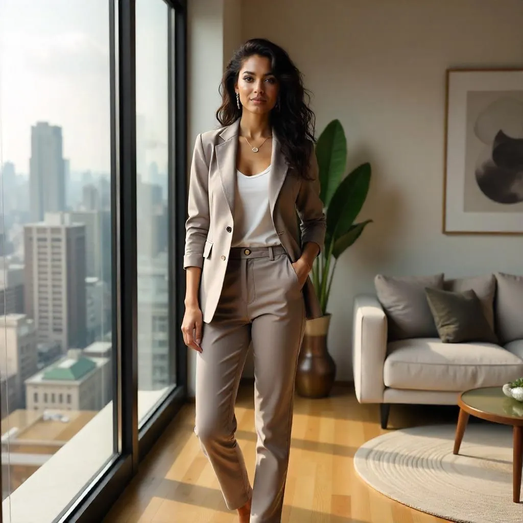 Confident Latina in a Sunlit City Apartment