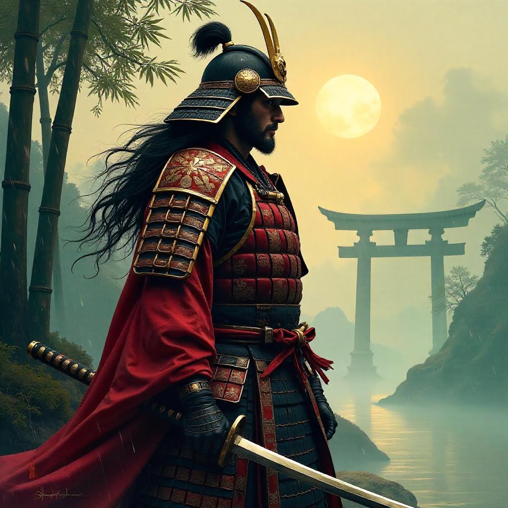 Samurai Portrait in a Digital Painted Scene