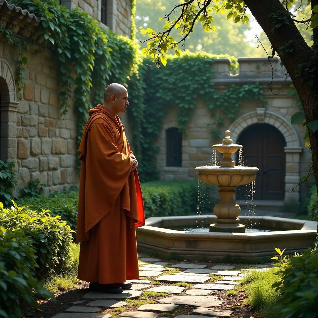 Photorealistic Monk in a Castle Garden