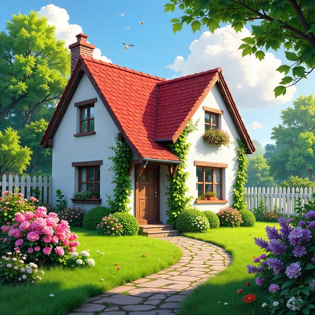 Sunny White Cottage with Red Roof and Blooming Garden
