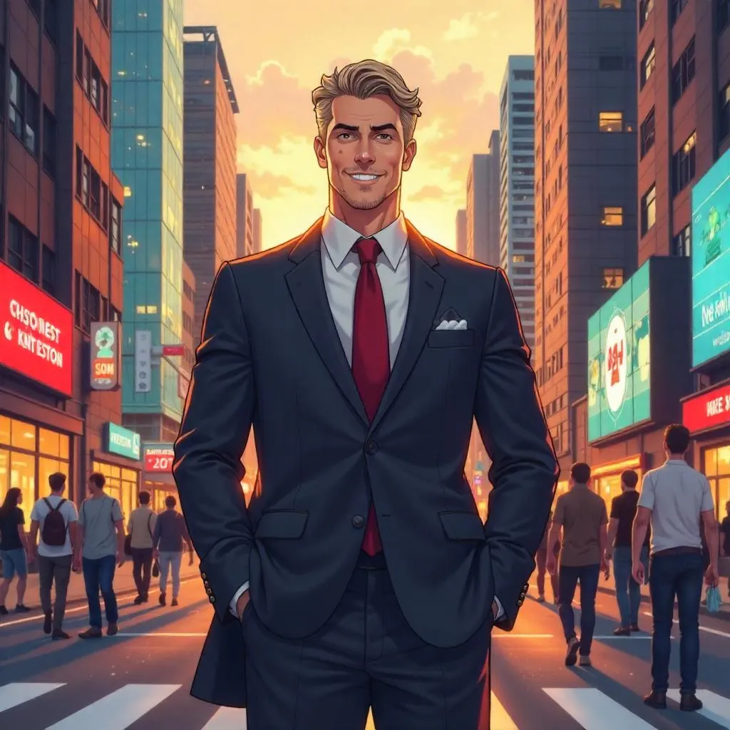 Confident White Man in Anime Downtown