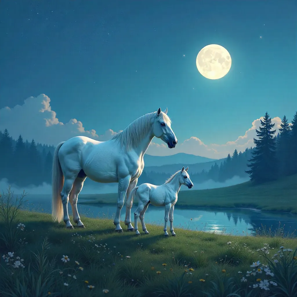 Moonlit Serenity: White Horse and Foal in a Calm Meadow