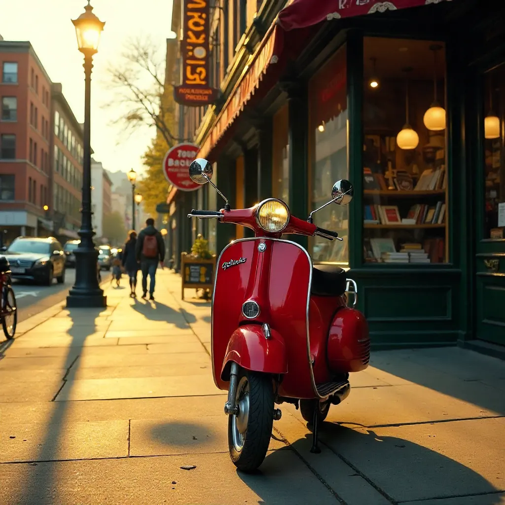 Sunlit Facade: Red Vintage Scooter by a Bookstore