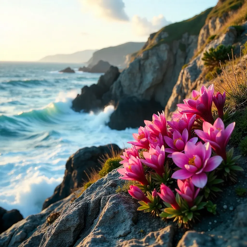 Pink Ice Plants on Cliff Over the Ocean