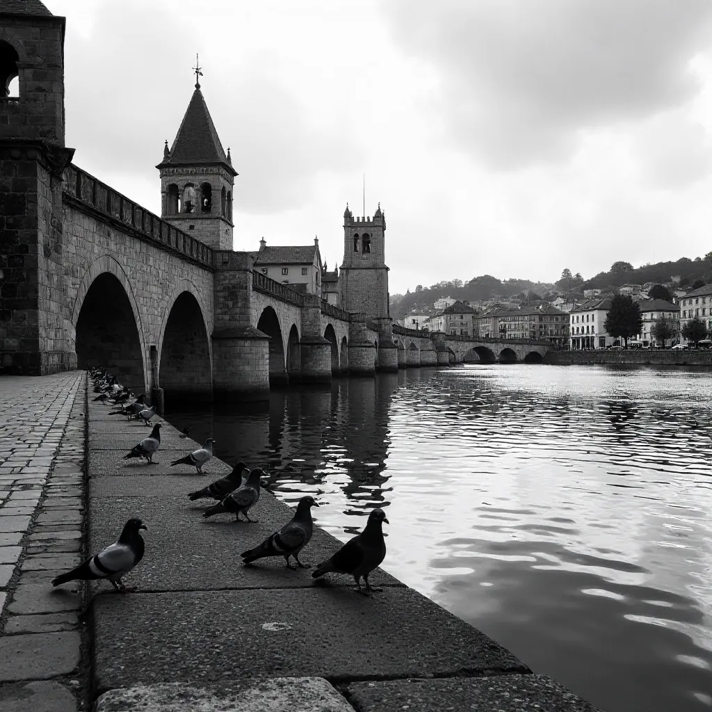 Monochrome Tomar Riverfront: Pigeons and Historic Architecture