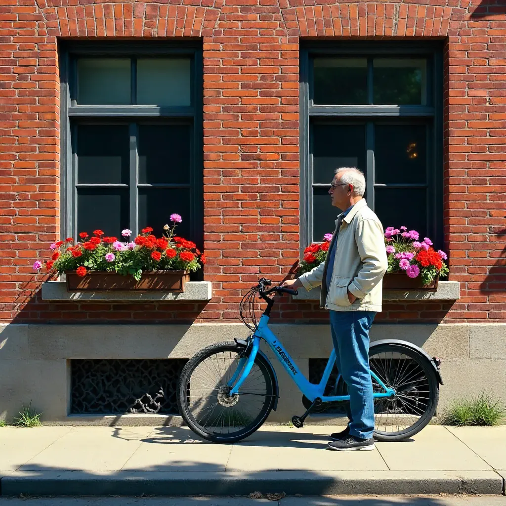 Sunny Day: Man with Bike by Flower Boxes