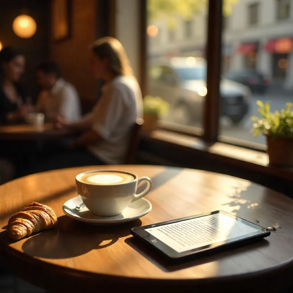 Cozy Café Break with Croissant, Cappuccino, and E-Reader