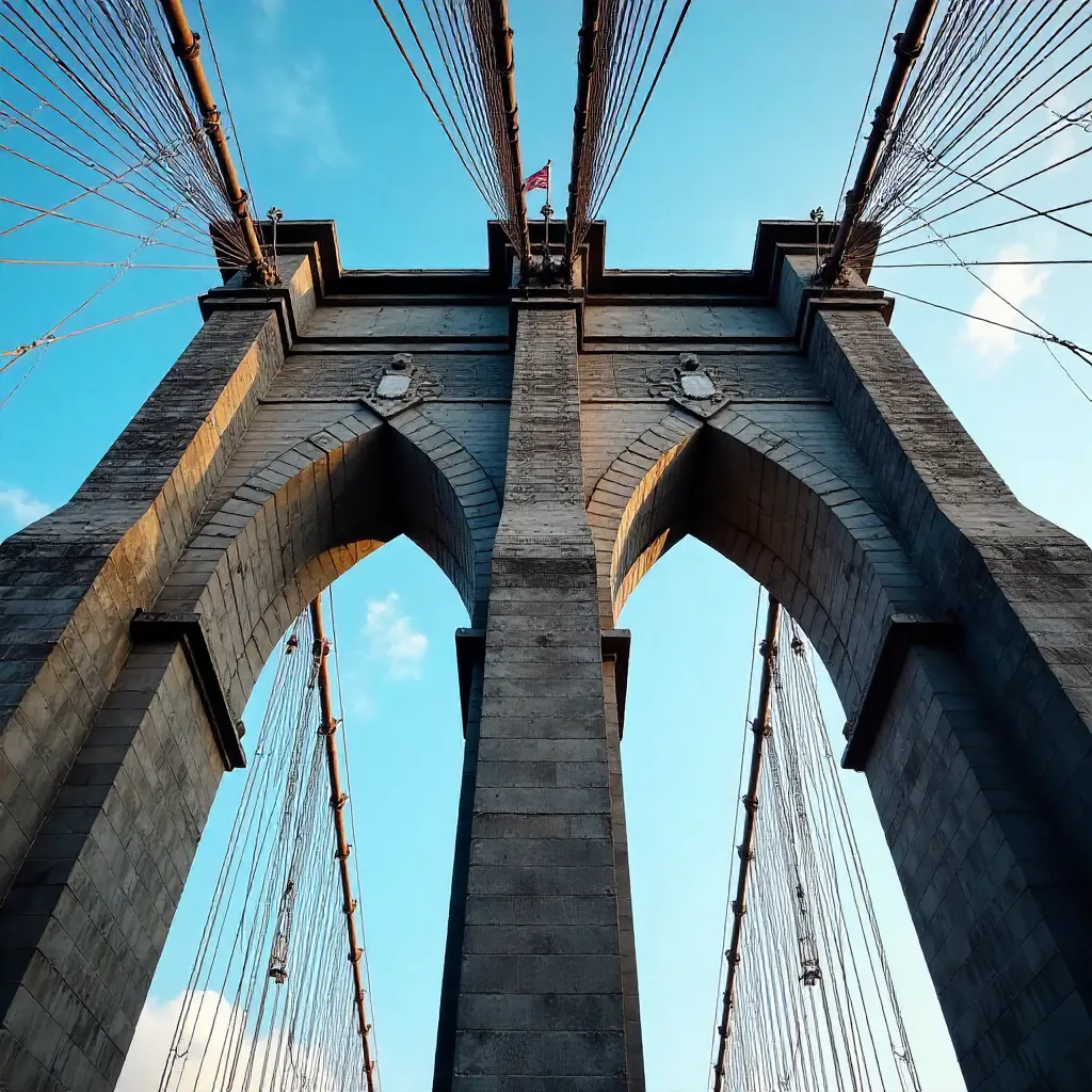 Close-Up of Manhattan Bridge Tower Under a Clear Blue Sky