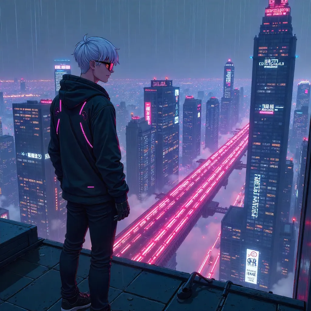 White Man in a Neon Anime Futuristic Cityscape