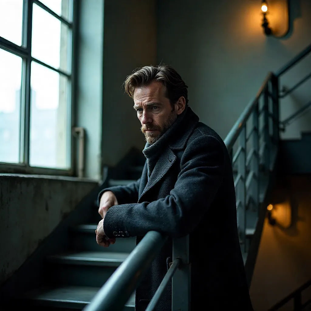 Contemplative Man on an Indoor Berlin Staircase