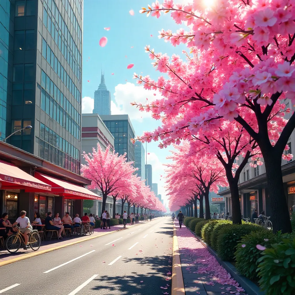 Vivid Cherry Blossoms in an Urban Springtime City
