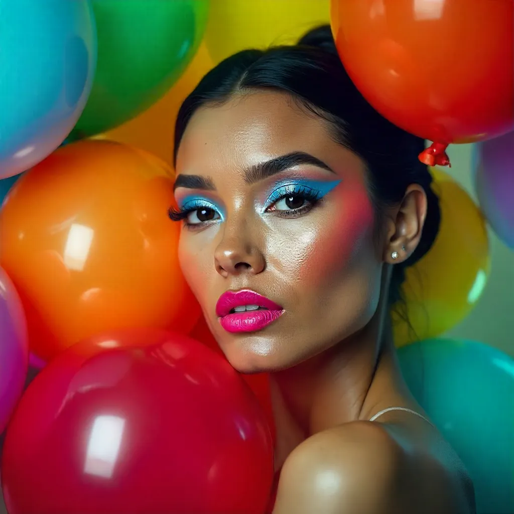 Vibrant Bold Makeup Portrait with Colorful Balloons