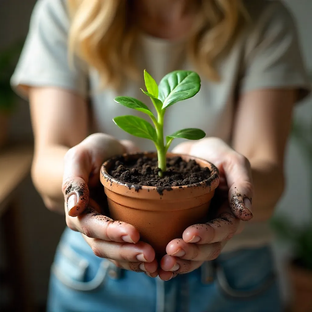 Indoor Moment: Dirt-Covered Hands with Plant