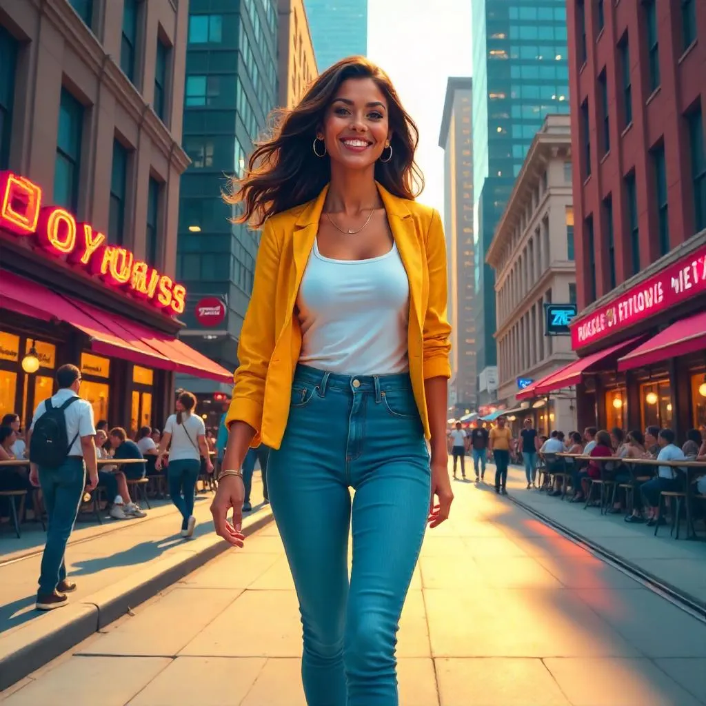 Cheerful Latina Woman in a Bustling Downtown (Digital Art)
