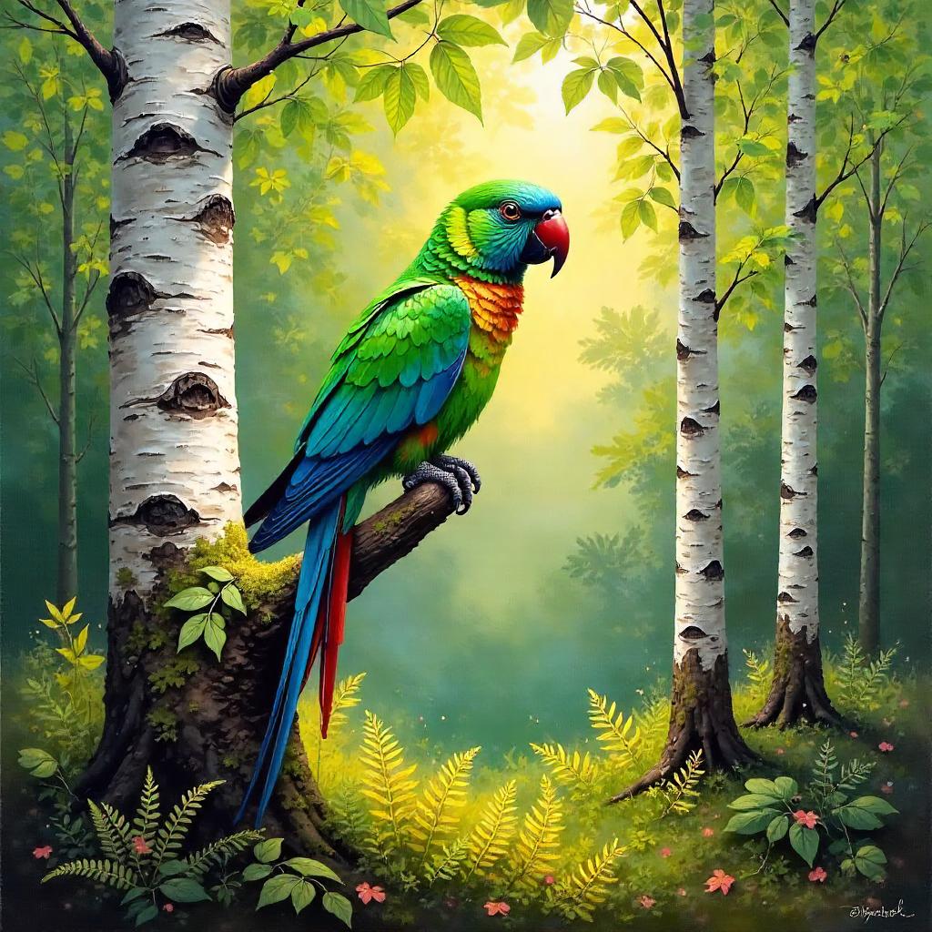 Parrot in a Birch Forest: An Oil Painting