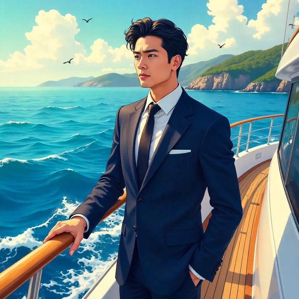 Professional Asian Man on a Yacht in Anime Style