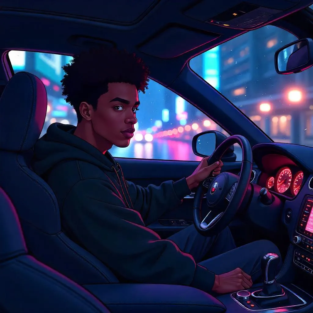 Neon Night Drive: Anime Style in the Driver's Seat