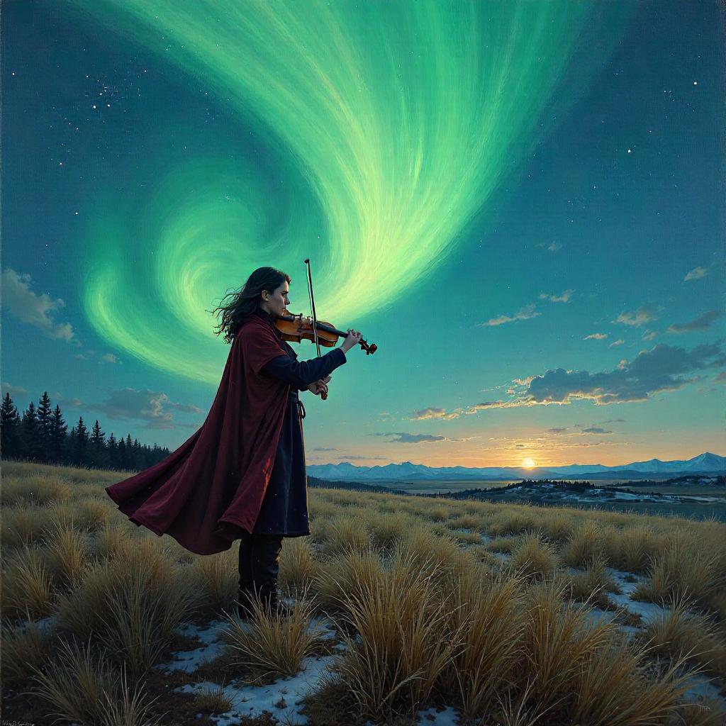 Violinist in Aurora Fields: An Oil Painting