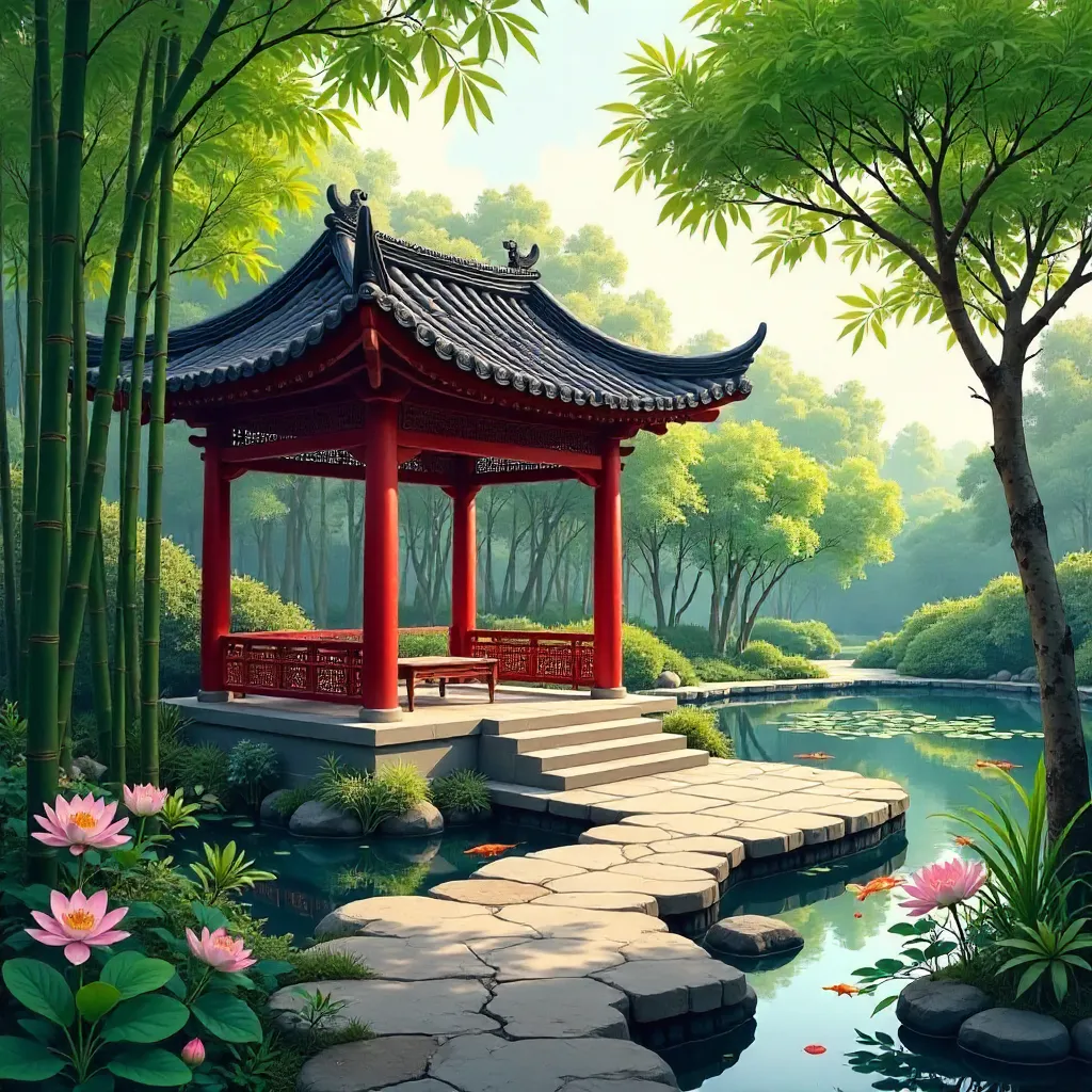 Summer Serenity: Traditional Chinese Pavilion in a Lush Garden