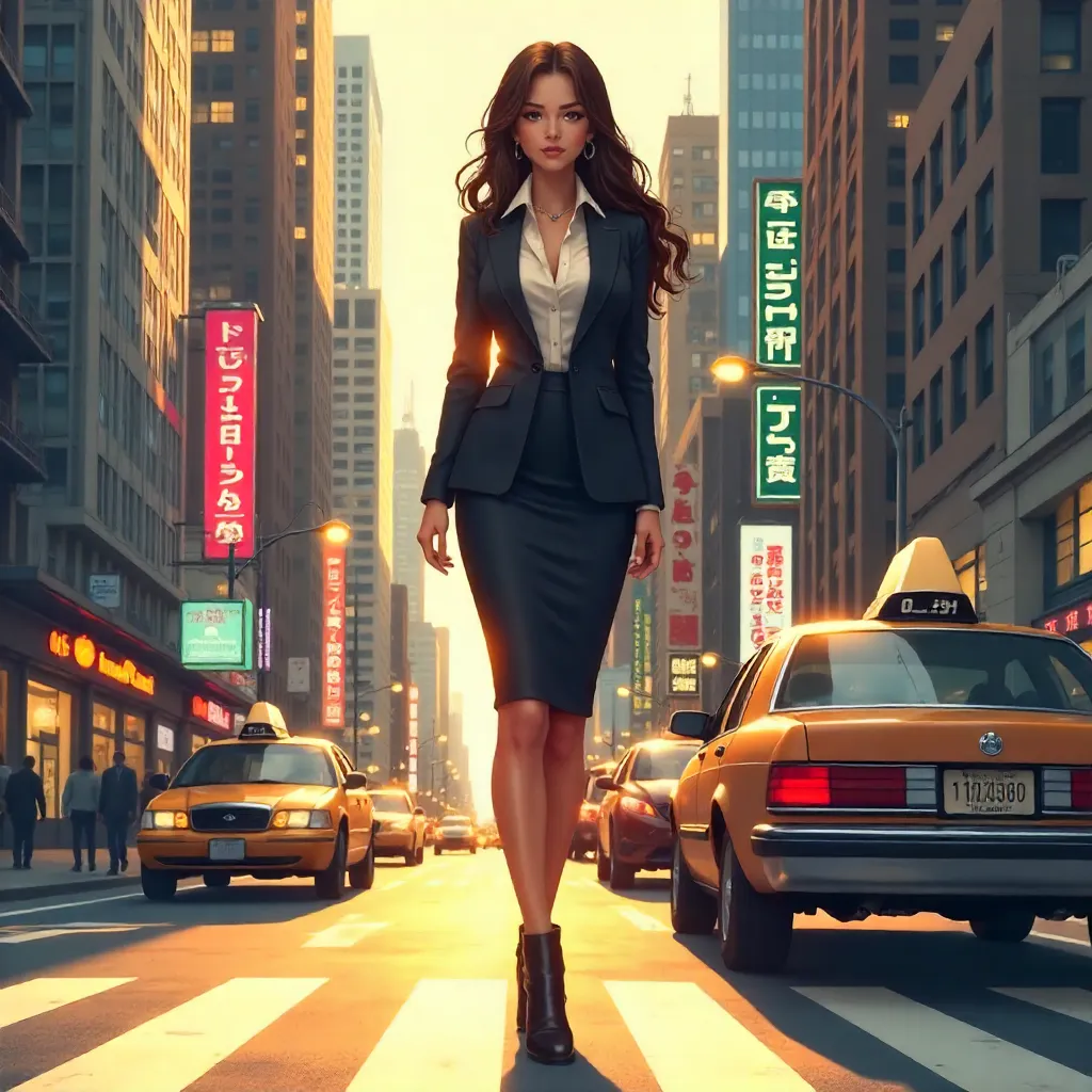 Elegant Latina in Neon Downtown, Anime Style